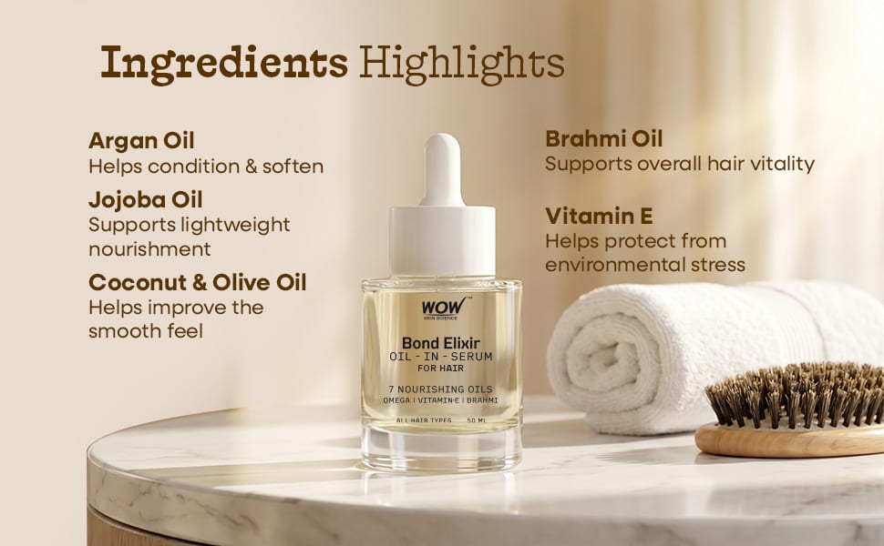 Ingredient highlights — argan, jojoba, coconut & olive, brahmi oil, vitamin E